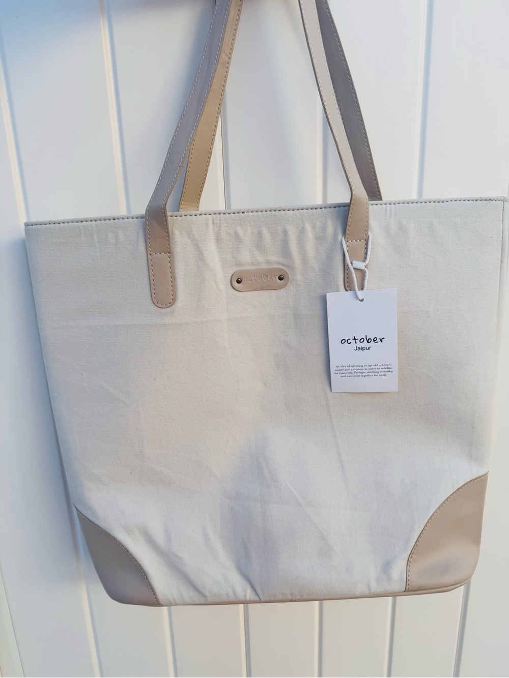 NWT October Jaipur Cream Canvas & Leather Trim Everyday Tote Bag Handbag Neutral